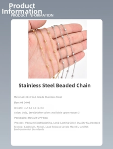 Detail of 304 stainless steel beaded chain in gold and steel finish with size specs