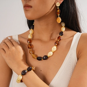 Retro Ethnic Geometric Beaded Necklace Bracelet Earrings Acrylic Alloy With Silver Earring Post For Women Bohemian