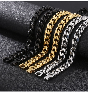Polished 10mm stainless steel Cuban chains in black, gold, and silver finishes