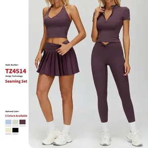 Women Halter Twist Bra Half Zip Top High Waist Leggings Shorts Pleated Skirt Yoga Fitness Workout Co-ords Naked Feel Nylon