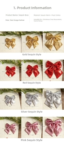 Detailed size specifications for sequin Christmas bows in gold, red, silver, and pink