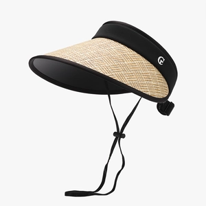 Women's UV protection beige straw visor hat with black elastic headband and G logo