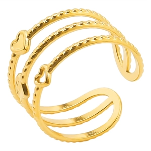 Adjustable gold stainless steel multi-layer open ring featuring heart charms and beaded edges