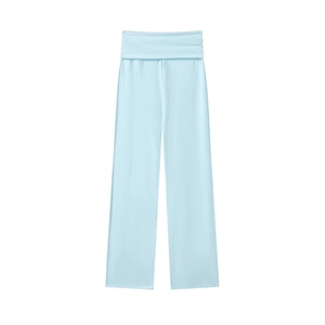 Detail of light blue wide-leg lounge pants with high-waisted folded waistband design