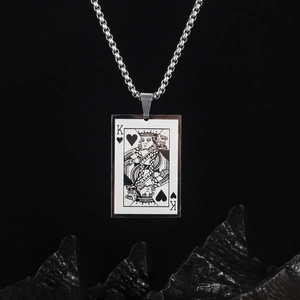 Classic silver stainless steel necklace with King of Hearts poker card pendant for men