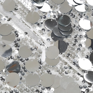 Detail of silver sequins and white invisible zipper on the sexy slit evening dress