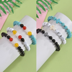 8mm Obsidian and Citrine beaded stretch bracelets with cross charms in multiple colors