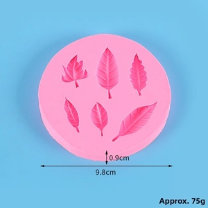 Pink silicone fondant mold with six leaf patterns, measuring 9.8cm diameter and 0.9cm thick