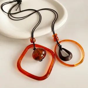 Long Pendant Necklace Acrylic Resin Geometric Square Round Amber Frame Wax Rope Retro Ethnic Sweater Chain For Women