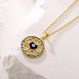 Bohemian 18K gold-plated necklace with colorful zircon and blue evil eye clover pendant