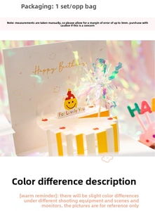 Macro detail of 3D pop-up birthday card with cherry cake design and festive tassels