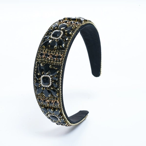 Vintage Baroque velvet headband with black gemstones, gold beads and rhinestone floral details