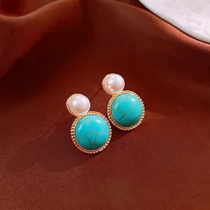 Vintage Round Turquoise Stud Earrings With Faux Artificial Pearl And Silver Earring Post Palace Style Geometric Jewelry For Women