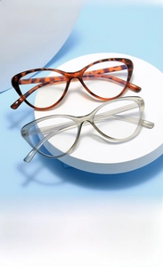 Detailed view of stylish cat-eye glasses frames in tortoiseshell and translucent grey-green