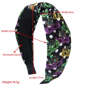 Polka dot knotted headband with carnival mask prints and specific product dimensions