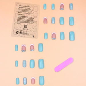 French blue press-on nails set with 24 pieces glitter flower designs and tool kit