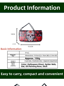 Detailed size chart and specifications for the retro bat ghost long zipper wallet