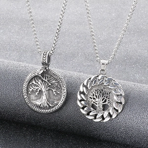 Nordic Yggdrasil World Tree and Jormungandr snake pendant in vintage stainless steel