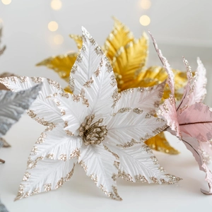25cm Artificial Christmas Poinsettia with glitter petals for holiday tree decoration