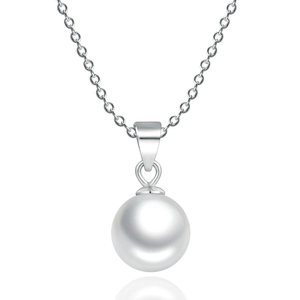 Elegant white round pearl pendant with delicate silver chain necklace on white background
