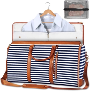 Blue striped travel duffel bag with a built-in garment suit cover and mesh storage bag
