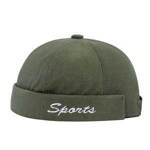 Minimalist army green brimless docker hat with white Sports embroidery in canvas fabric