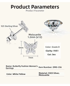 Detailed specs of S925 silver butterfly earrings featuring 1.2mm D-color moissanite stones