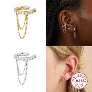 S925 sterling silver double layer chain tassel ear cuff with sparkling cubic zirconia