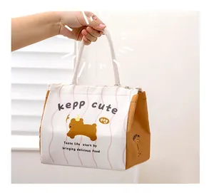 Detail of insulated lunch bag with cartoon bear print and durable woven handle