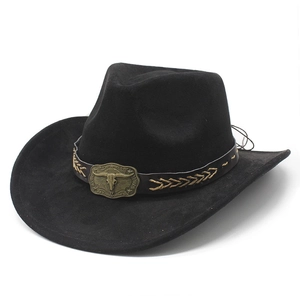 Classic black faux suede cowboy hat with brown braided band and bronze bull skull buckle