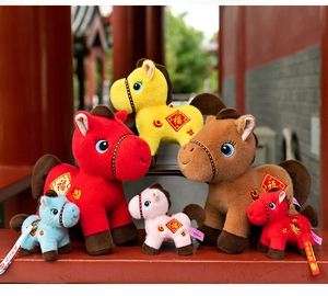 Colorful Chinese Zodiac Horse plush toys with festive Fu characters in a temple