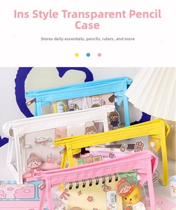 Macro shot of colorful transparent PVC pencil cases in four pastel colors with stationery