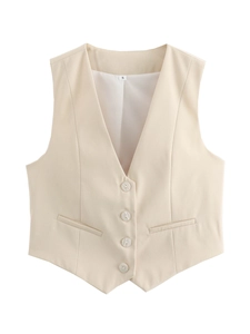 Flat lay of beige V-neck tailored vest with four-button closure and subtle twill texture