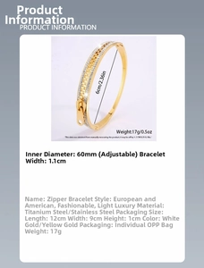 Detailed size specifications for the stainless steel zipper bangle with zircon inlays