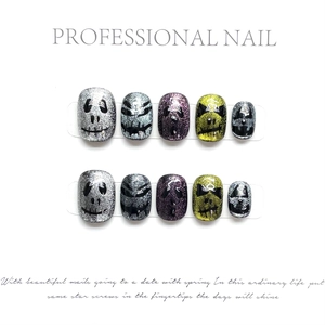 Halloween Handmade Cat Eye Press On Nails Short Round Skull Patterns Glitter Spooky Colorful False Nails For Women