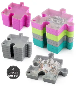 Set of 6 stackable jigsaw puzzle sorting trays with lids in blue, green, pink, and grey