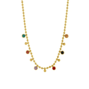 Minimalist gold beaded titanium necklace featuring vibrant multi-color zircon pendants