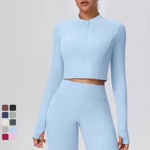 Damen Reißverschluss Sportjacke Slim Fit Langarm Yoga Top Mit Daumenlöchern Schnelltrocknend Fitness Activewear