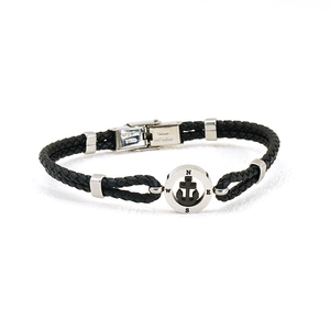 Men's braided leather bracelet with stainless steel anchor compass charm and magnetic clasp