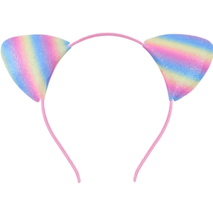 Rainbow glitter cat ear headband with a flexible pink frame for girls and kids