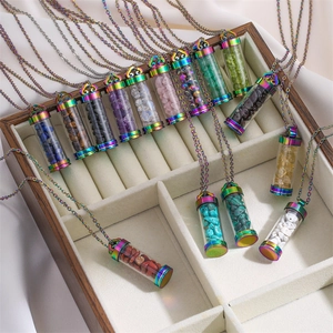 Colorful Stainless Steel Perfume Bottle Pendant Necklace With Natural Stone Chips Glass Wishing Bottle For Men Women