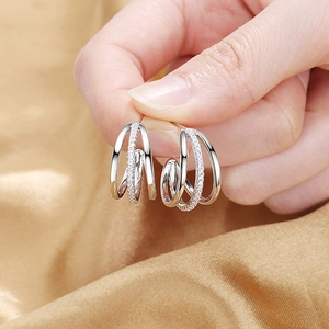 Elegant multi-layered silver C-shape hoop earrings with sparkling pavé cubic zirconia