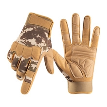 Detailed view of desert camo tactical gloves with palm grip and knuckle protection