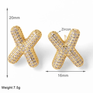 Detailed view of gold-plated letter X stud earrings with zircon inlay and 20mm height dimensions