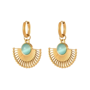 Boucles d'oreilles pendantes éventail doré avec pierre turquoise style bohème