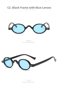 Detail view of oval steampunk sunglasses with blue lenses and black frame rivets