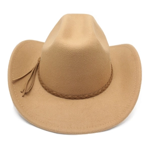 Detailed top view of light brown wool felt western cowboy hat with braided tassel band