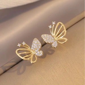 Butterfly Stud Earrings With 925 Sterling Silver Earring Post Gold Plated Copper Asymmetric Hollow Pave Cubic Zirconia