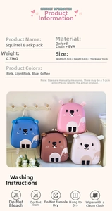 Detailed size specifications for pink and blue squirrel kindergarten backpacks for kids