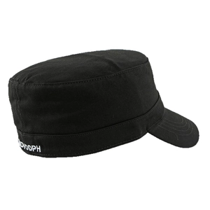 Black cotton cadet cap with white DIODPH embroidery and flat top for outdoor wear